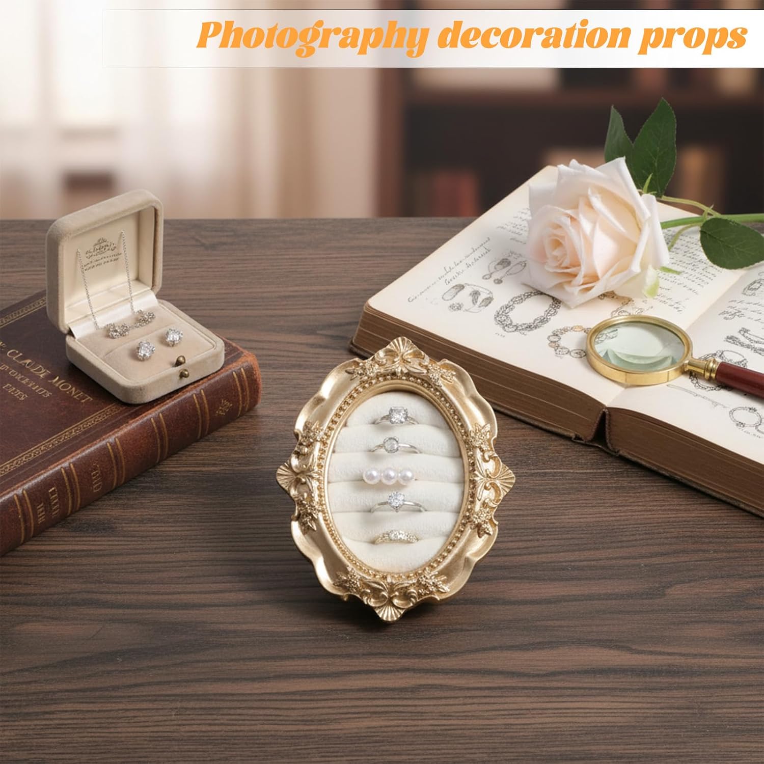 Vintage Ring Holder Oval Rings Display Jewelry Box Suede Gold ring Holder Earring Tray Organizer for Women Anniversary Engagement Wedding Ceremony Storage Gift Photography Props Christmas Birthday